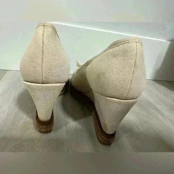 Tory Burch Canvas Espadrille Wedge Peep Toe Bow Accent Shoes Cream sz 7.5 - Picture 6 of 6